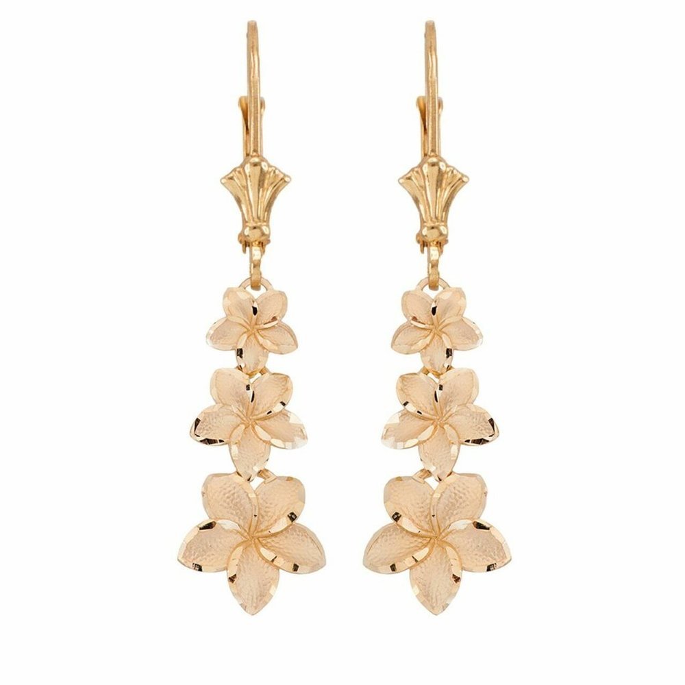 14k Solid Gold Elegant Plumeria Flower Earrings - Picture 3 of 9